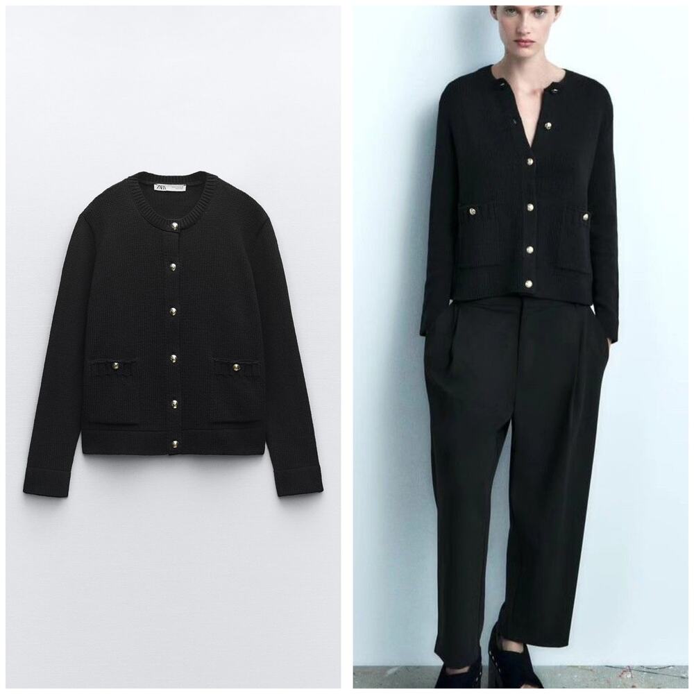Zara Black Knit Cardigan Gold Buttons Size Small 3991/124 Preppy Quiet Luxury